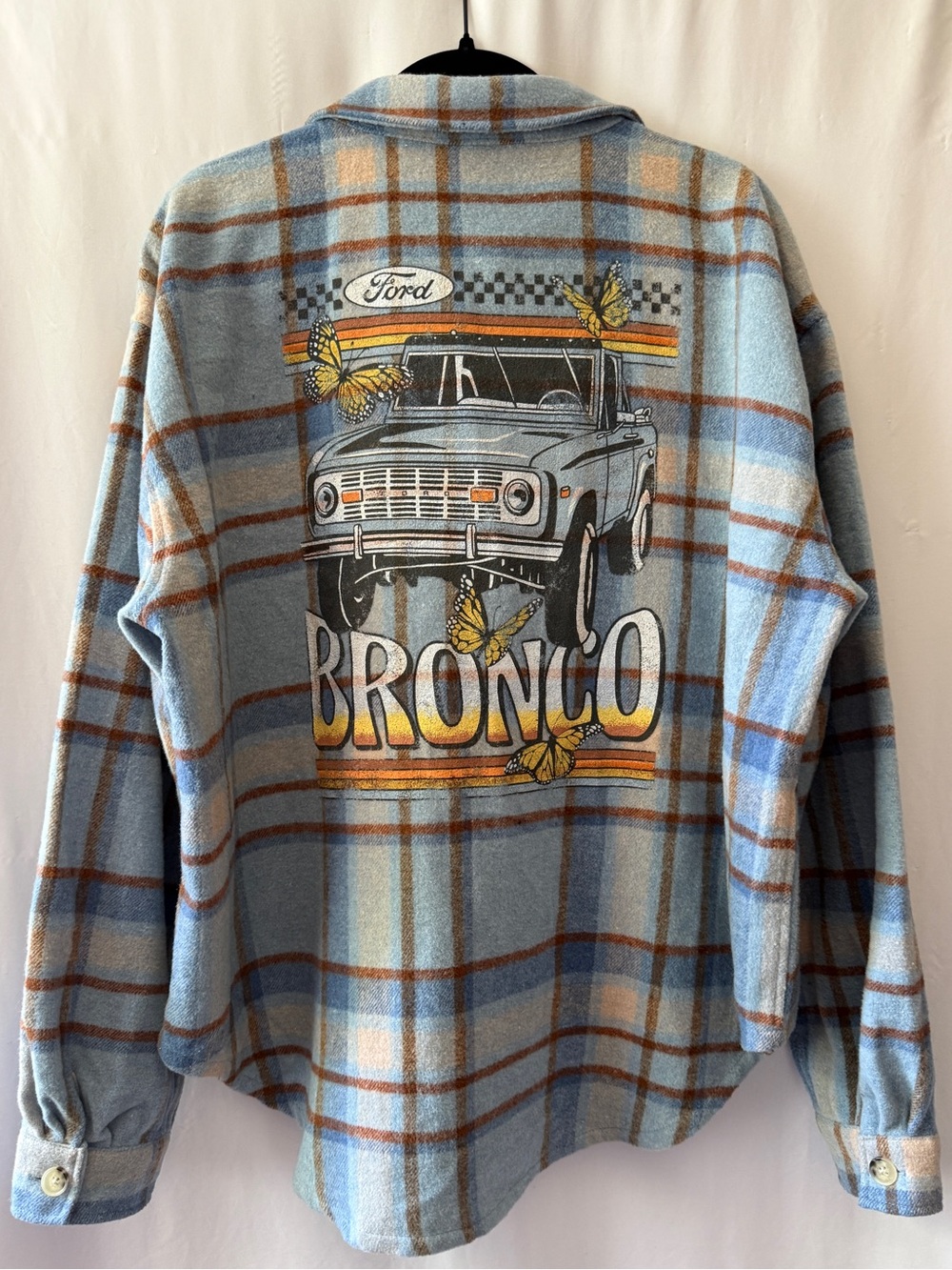Ford Bronco Plaid Flannel Jacket - Light Blue & Brown Size XXL